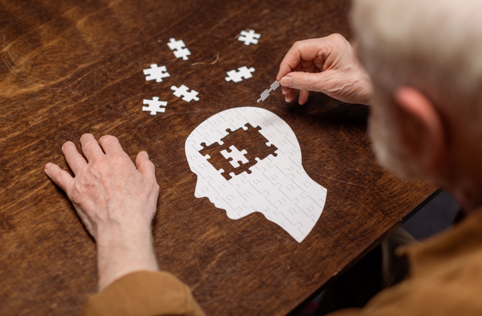 A senior builds a puzzle in the shape of a head, symbolizing the connection between puzzle games and cognitive stimulation.