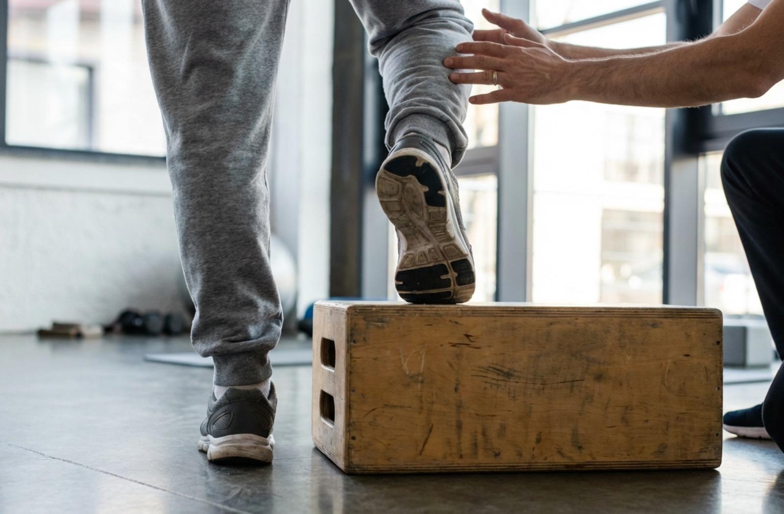 An older adult wearing sweatpants steps onto a low wooden box in a clinic, with a physical therapist's hands supporting them as they move.